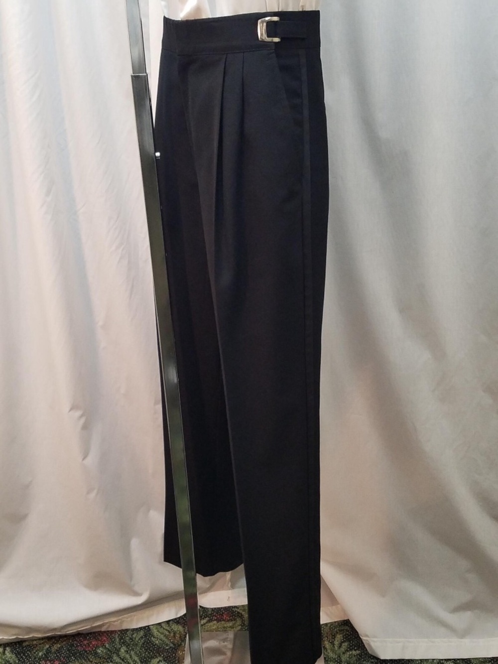 Vintage 1980's Formal Knights Wool Black Adjustable Tuxedo Satin Stripe Pants